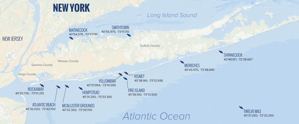 Map of artificial reefs off the coast of Long Island NY 