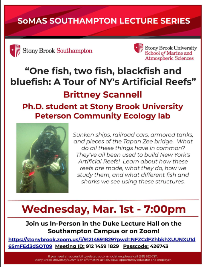 SoMAS Lecture Series announcement Brittney Scannell Ph.D. - NY's Artificial Reefs 
