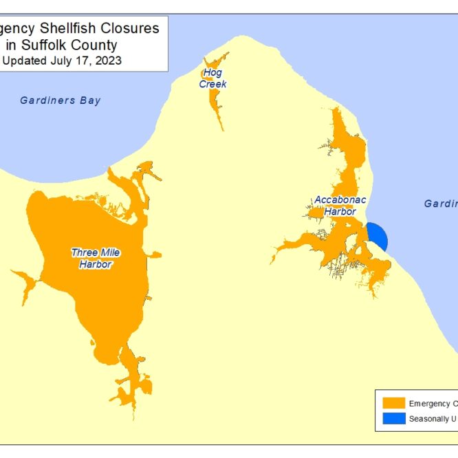 Map of Temporary Shellfish closures in Three Mile Harbor, Hog Creek and Accabonac Harbor per the NYSDEC