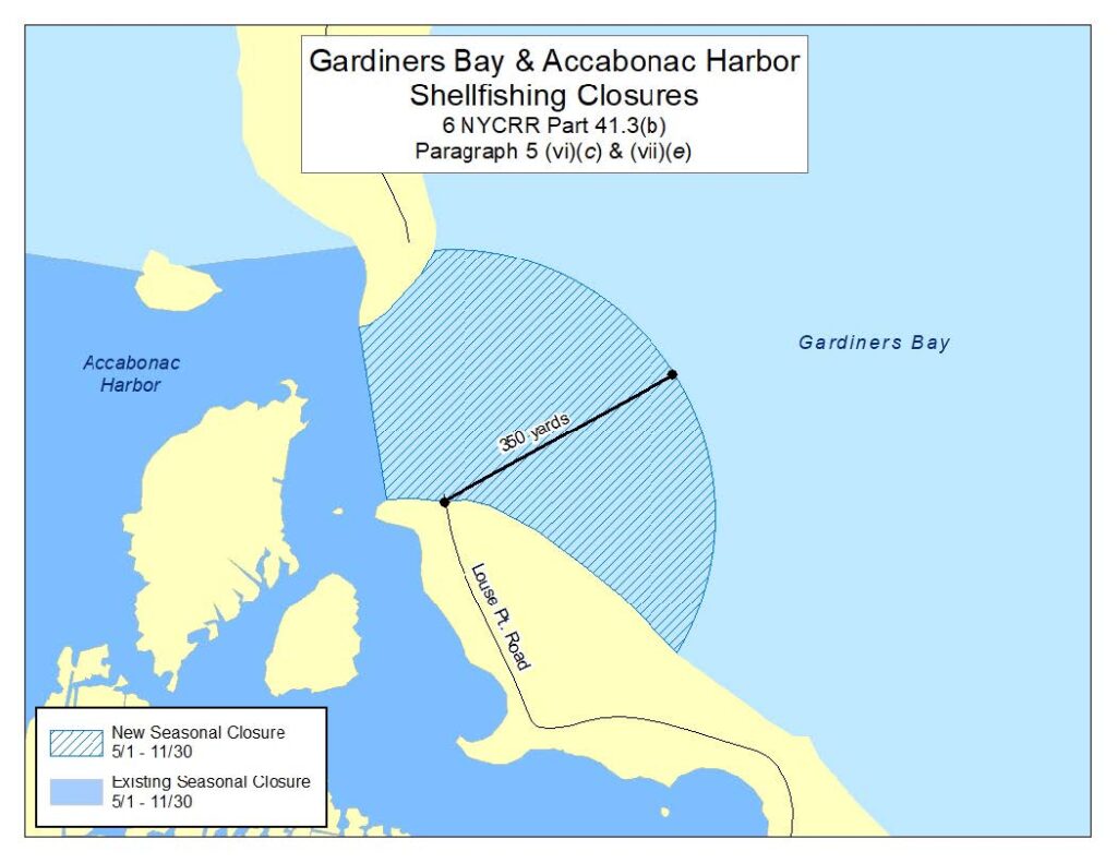 Map of new shellfish closures in Gardiner's Bay outside of Accabonac Harbor. 