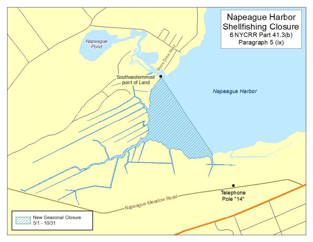 Map of new Shellfish Closures in Napeague Harbor.