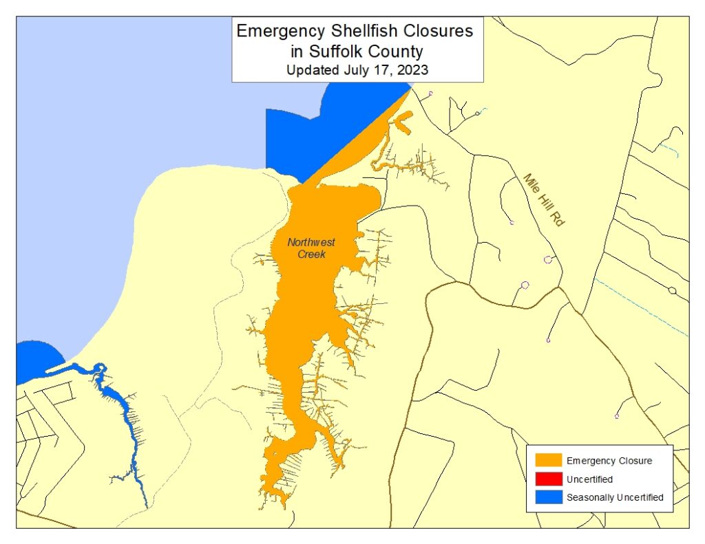 Map of Temporary Shellfish closures in Northwest Creek per the NYSDEC