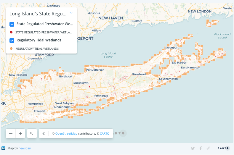 The freshwater wetlands are those that are currently regulated under the New York State Freshwater Wetlands Act. Most of the freshwater sites are no longer regulated by the EPA. Source: New York State Department of Environmental Conservation Credit: Map by Newsday/Arielle Martinez