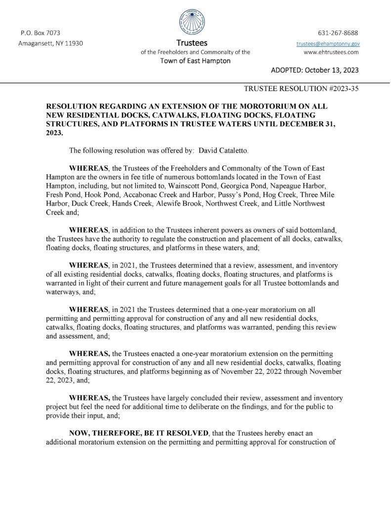 Image showing the printed page one of Trustee Resolution 2023-35 regarding the temporary extension of the moratorium on all new residential docks and structures.