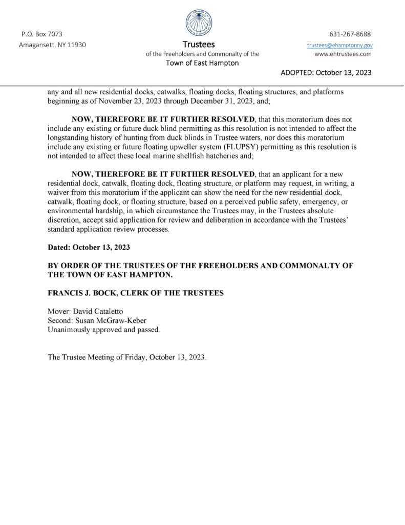 Image of page 2 of the printed Trustee Resolution 2023-35 regarding the temporary extension of the moratorium on any new residential docks or structures.