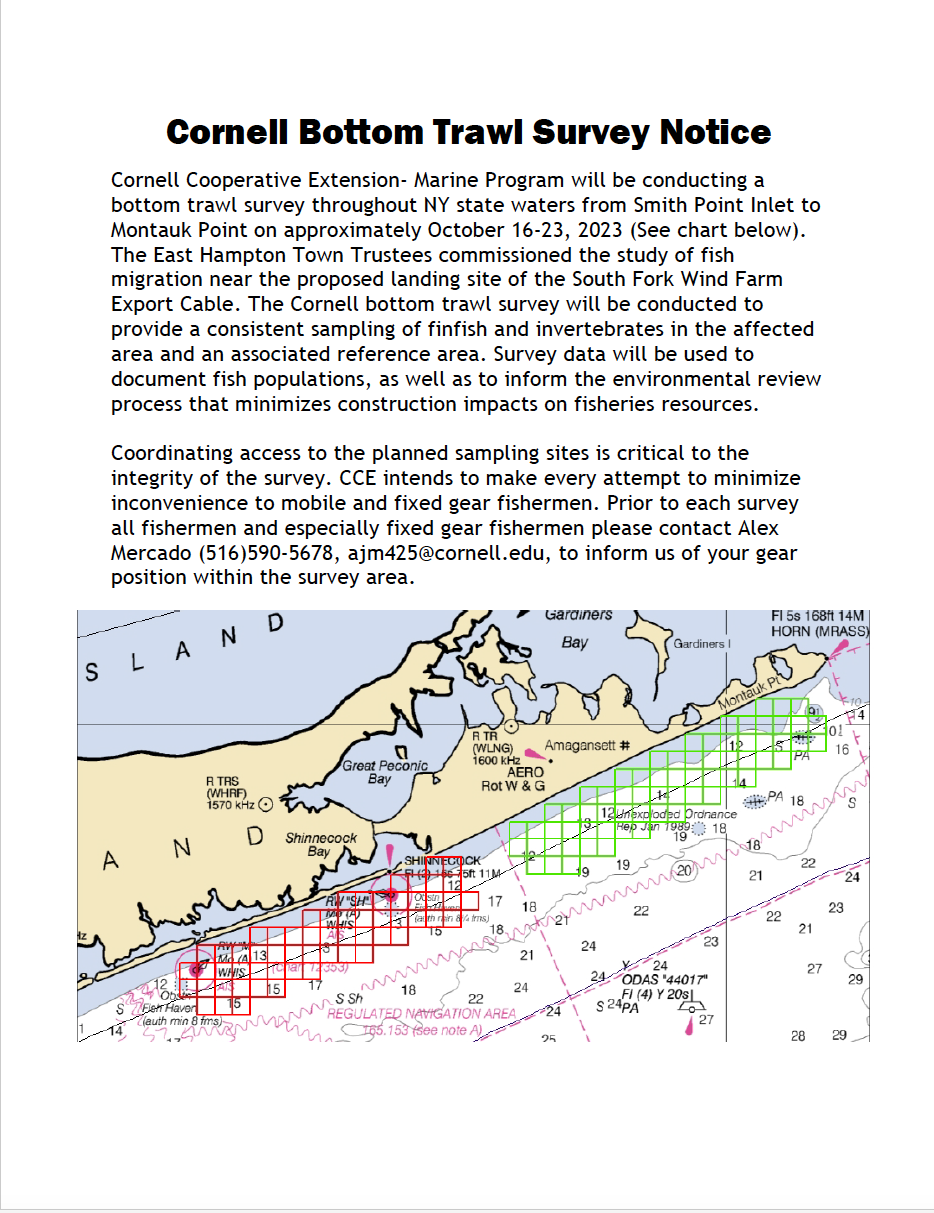 Cornell Bottom Trawl Survey Notice & charts October 2023