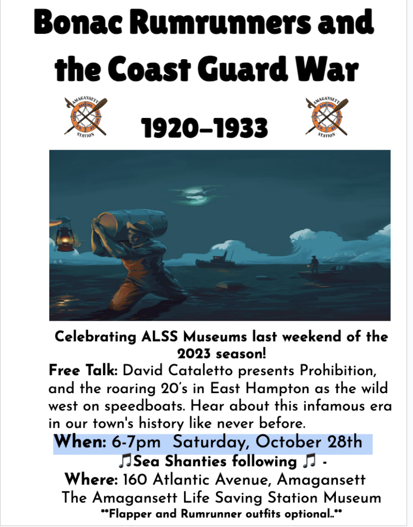 POSTER FOR FREE EVENT AT THE AMAGANSETT LIFE-SAVING STATION MUSEUM  OCTOBER 28TH 2023 David Cataletto moderator.  