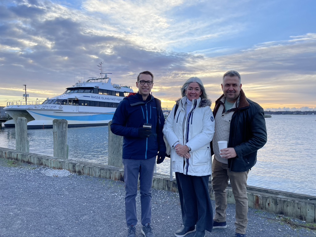 CBS news crew Ben and Chris with Trustee Susan McGraw-Keber on the way to board the Rhode Island Fast Ferry