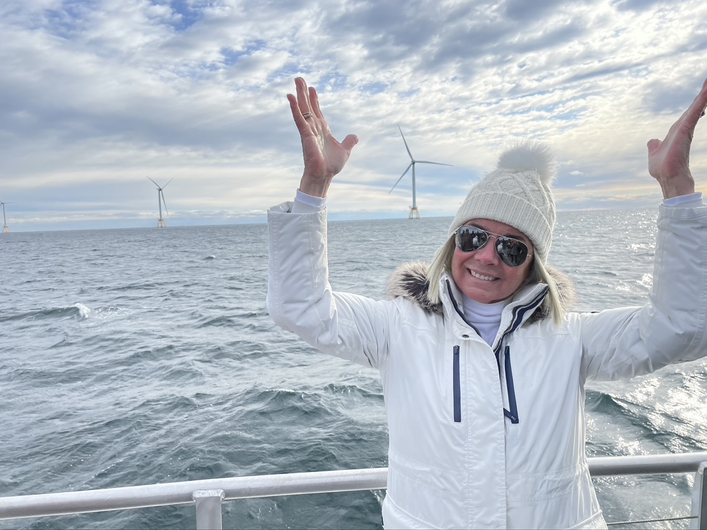 Trustee Susan McGraw-Keber approaching the Block Island 5 turbines. 