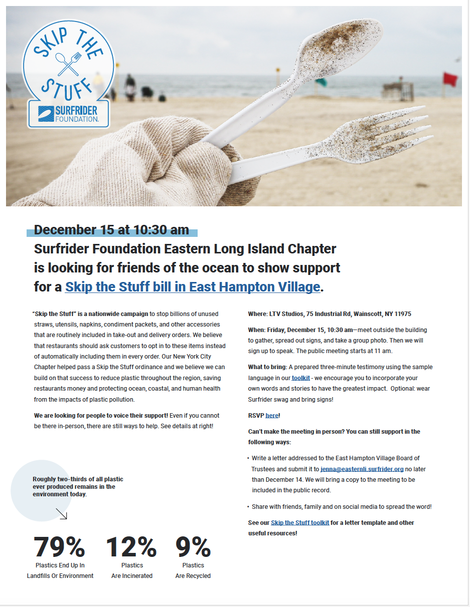 Surfrider's Skip the Stuff Bill invitation to the public for a Village of East Hampton hearing.