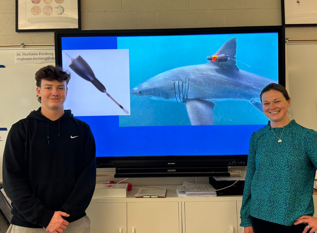 Finn O'Rourke, at left, is an East Hampton High School student working on a shark-tagging project. His science teacher is Dr. Stephanie Forsberg, right.
Hope Masi