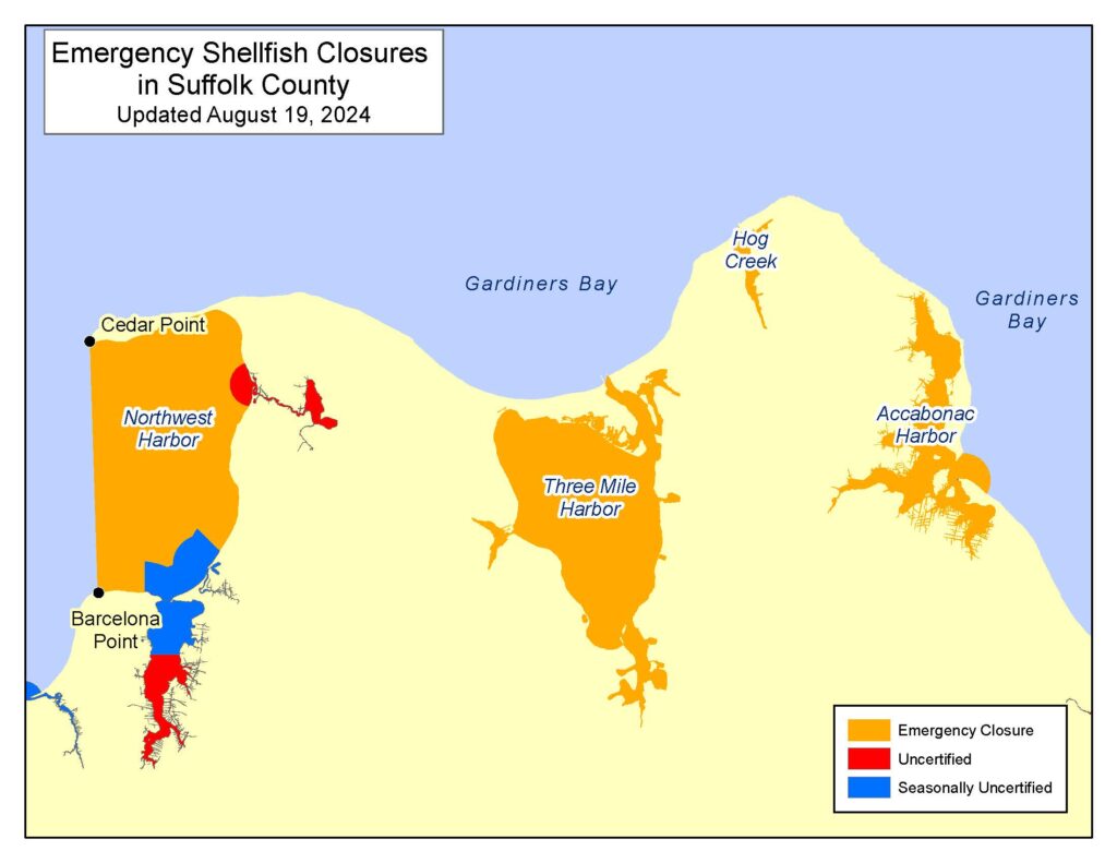 An image showing a map of the northern portion of East Hampton Town with Northwest Harbor, Three Mile Harbor and Accabonac Harbor in an orange color and surrounding land in yellow. The orange indicating the harbors are closed to shellfishing. 