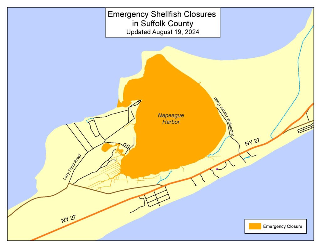 An image showing a map of Napeague Harbor an orange color and surrounding land in yellow. The orange indicating the harbor is closed to shellfishing. 