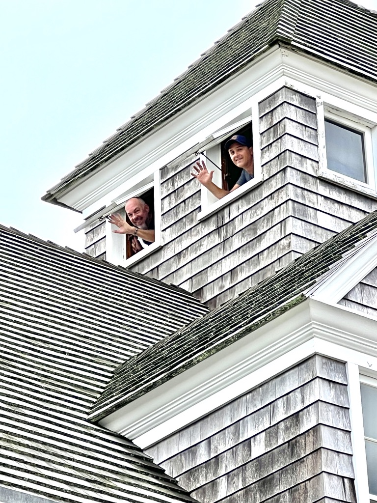 Trustees Tim Garneau and David Cataletto at the look out station of the Amagansett Life Saving Station