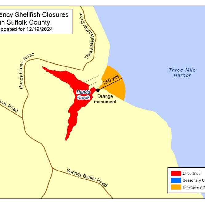 Map of the area of Three Mile Harbor which remains closed to shellfishing.