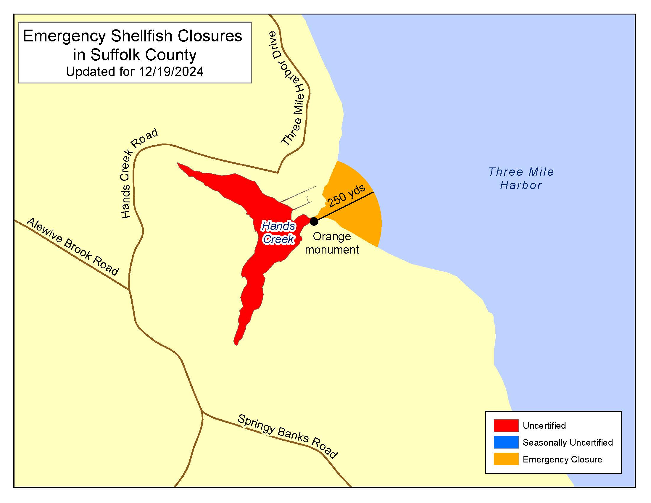 Map of the area of Three Mile Harbor which remains closed to shellfishing.