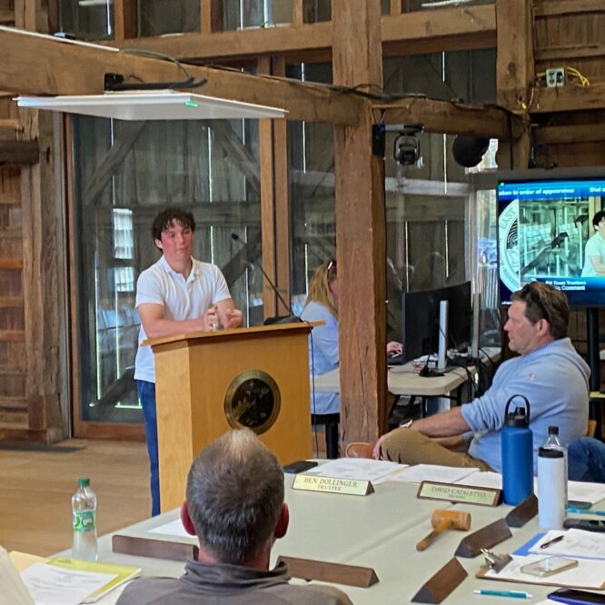 Henry Cooper, an East Hampton High School student, outlined a plan to transplant 20 to 25 shovelfuls of eelgrass from Napeague Harbor to Accabonac Harbor adjacent to previously constructed oyster reefs. Christopher Walsh