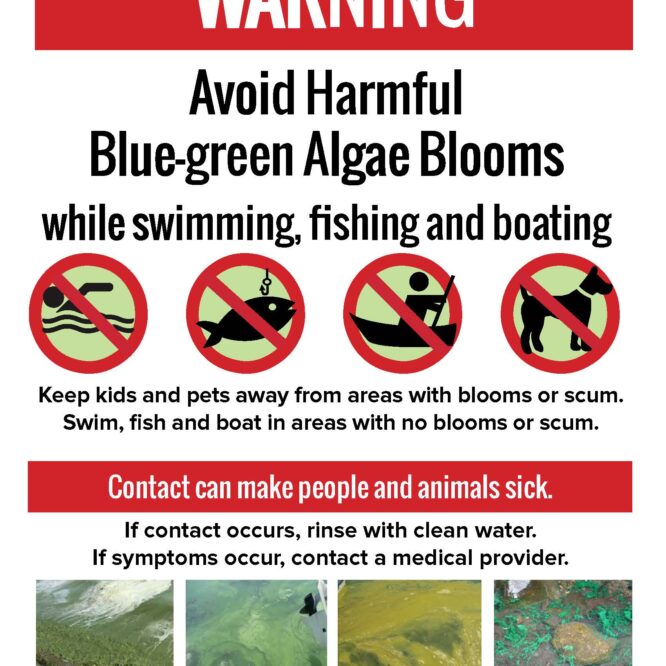 Image of a sign warning of the presence of Harmful Blue-Green Algal Blooms.