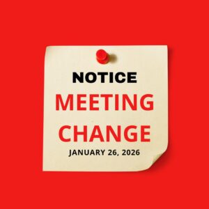 An image with a red background and a yellow post it note with the words "Notice Meeting Change January 26, 2026"
