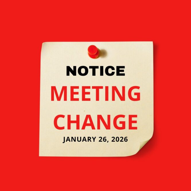 An image with a red background and a yellow post it note with the words "Notice Meeting Change January 26, 2026"
