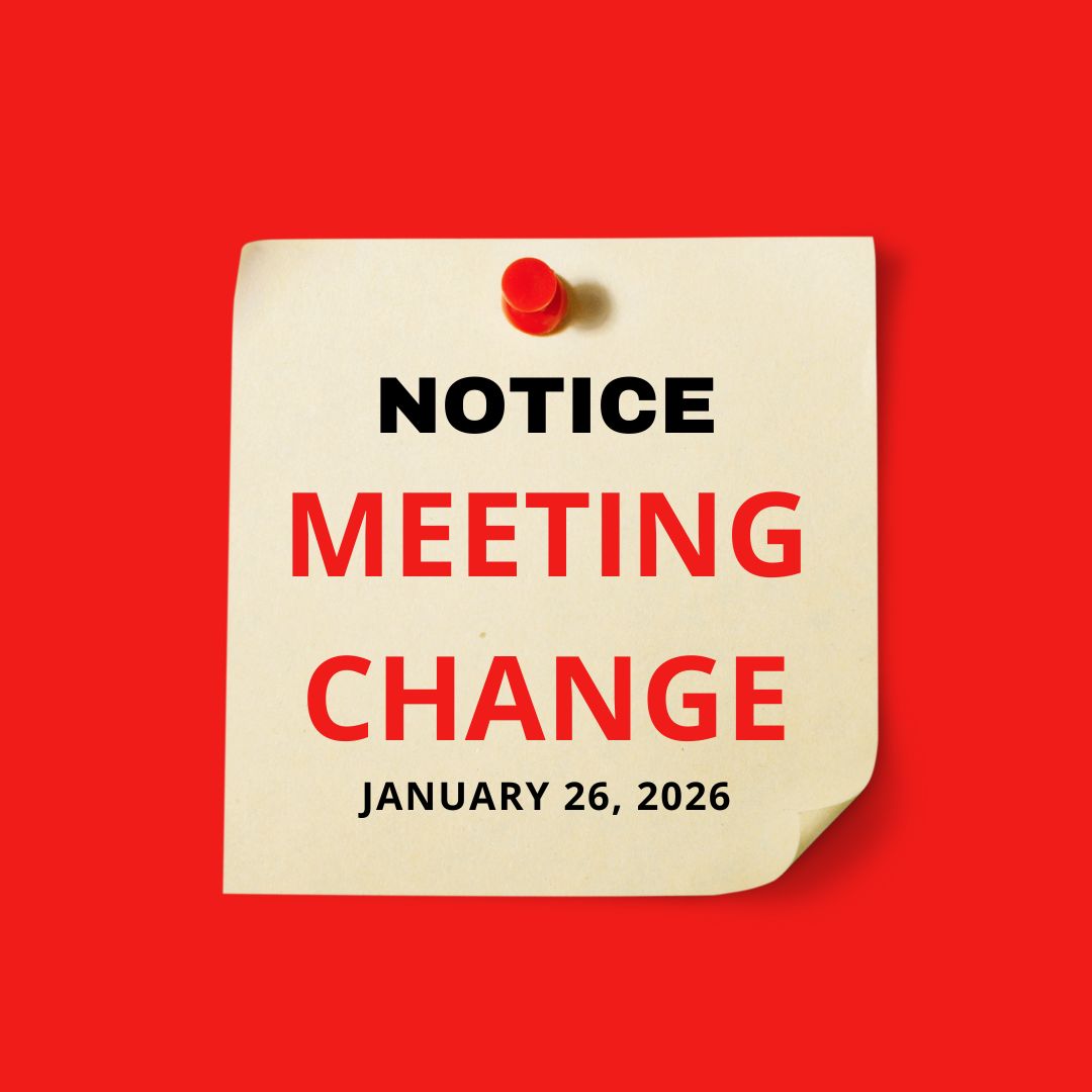 An image with a red background and a yellow post it note with the words "Notice Meeting Change January 26, 2026"